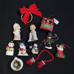 Set Of 11 Vintage Festive Holiday Christmas Tree Ornaments Snowman Stocking